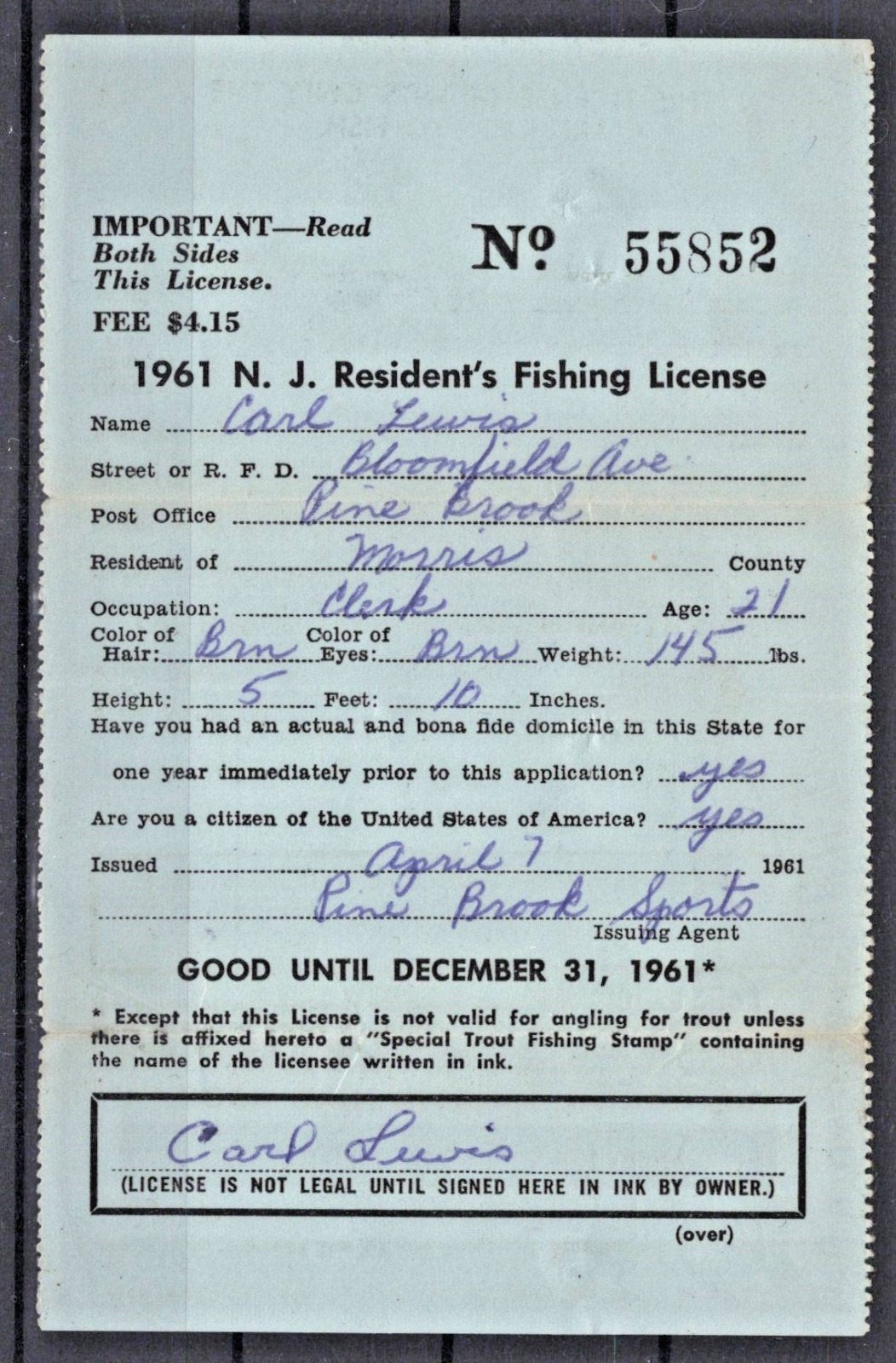 1961 New Jersey NJT-9 $2 Used Resident Trout Stamp on License ZAYIX