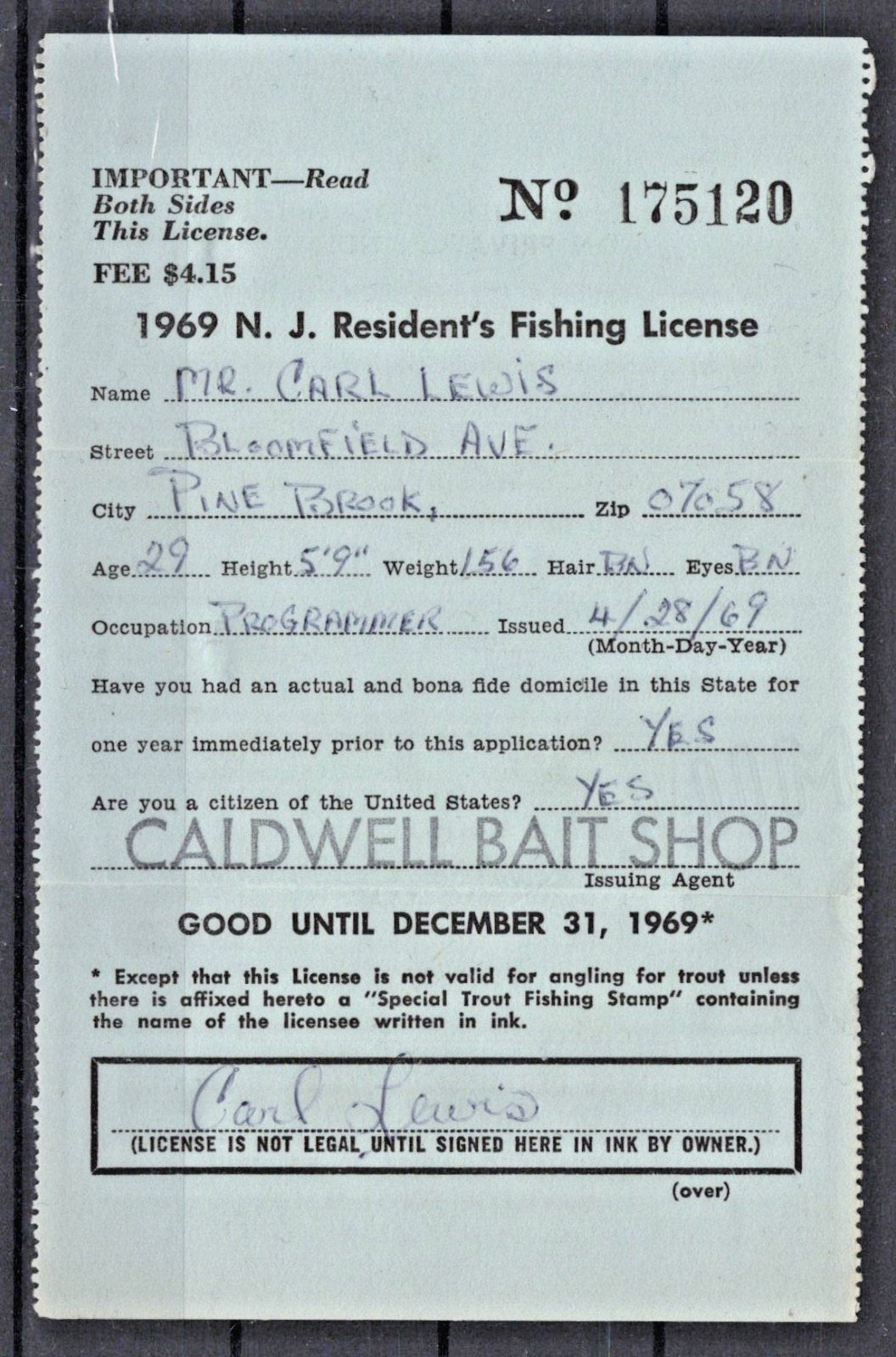 1969 New Jersey NJT-17 $2 Resident Trout Stamp on License ZAYIX