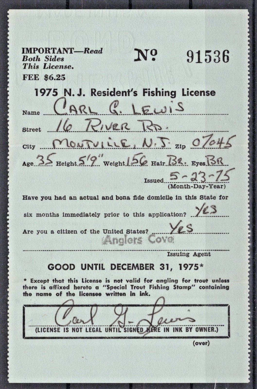 1975 New Jersey NJT-23 $2 Resident Trout Stamp License ZAYIX