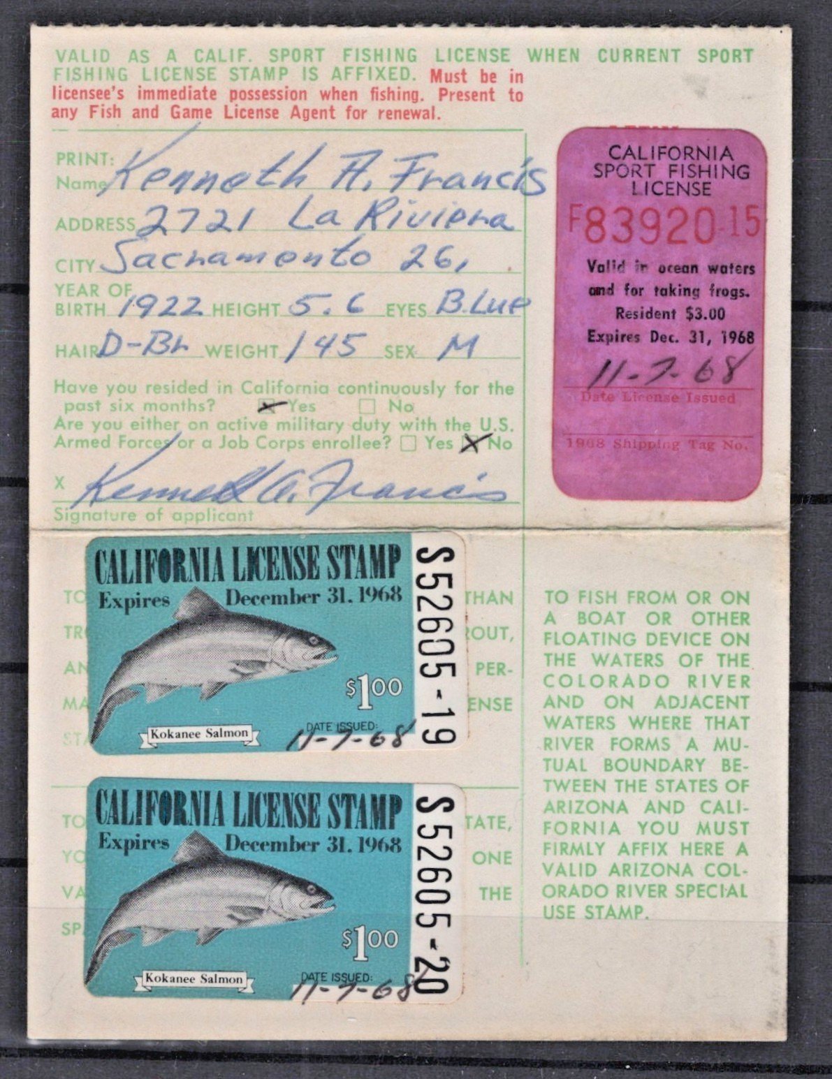 California 1968 Sport Fishing License CA-F11, FV5 Used ZAYIX
