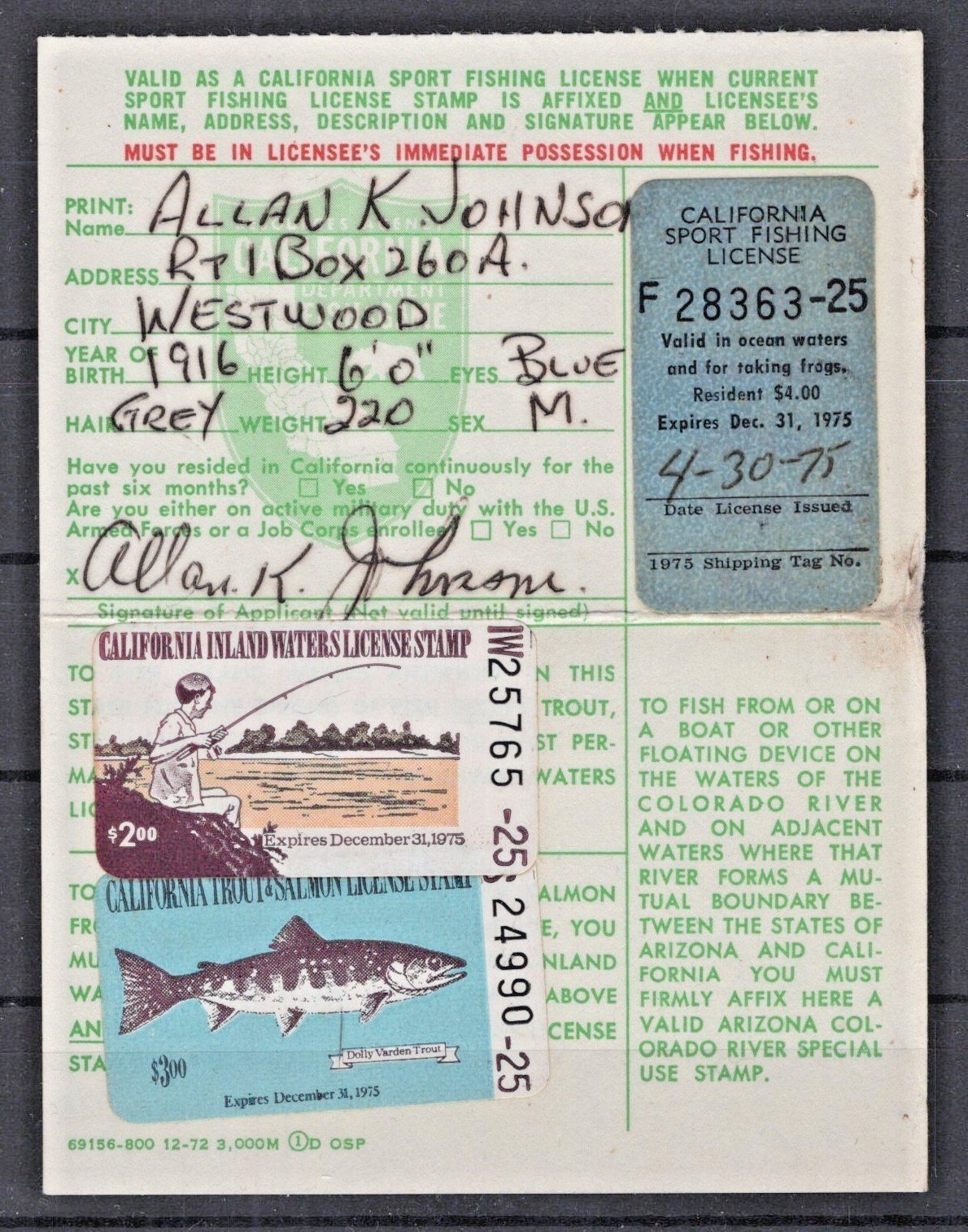 California 1975 Trout & Salmon License Stamp CA-FI14, FV12, T&S4 Used ZAYIX