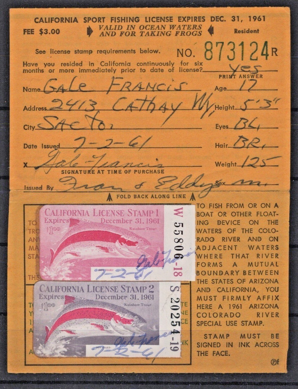 California 1961 Sport Fishing License Stamp Cotton# CA-F4, F4A Used ZAYIX