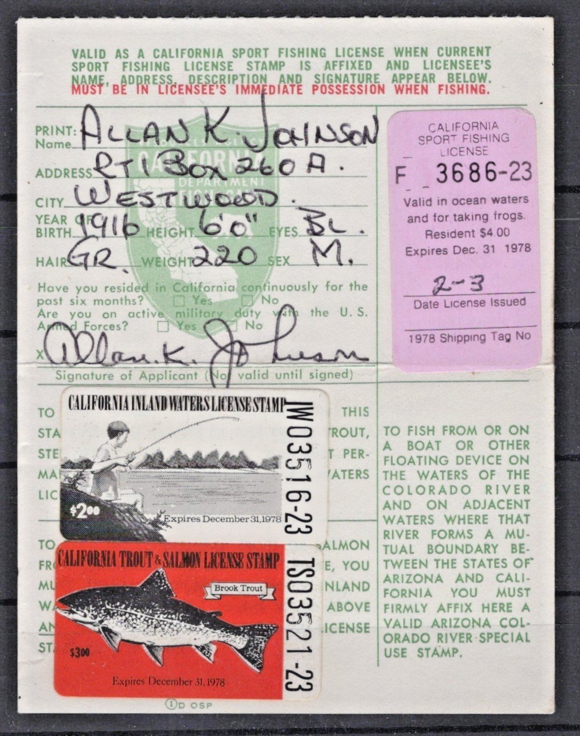 California 1978 Sport Fishing License Cotton# CA-FI7, FV15, T&S7 Used ZAYIX