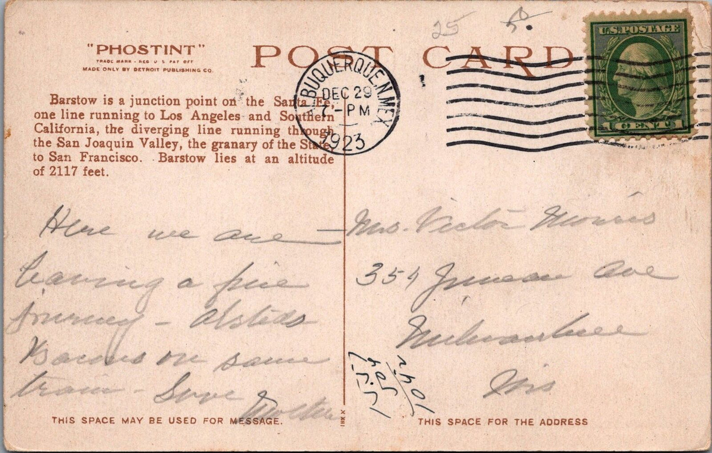 ZAYIX Postcard Mojave Desert Barstow, CA Santa Fe Railroad Phostint 102022-PC21