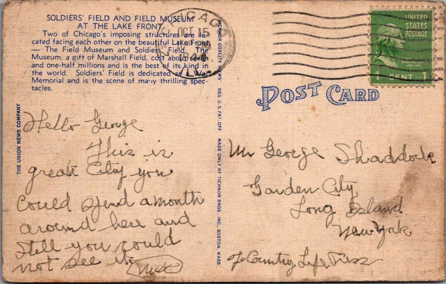 Soldiers' Field/Field Museum Chicago c1944 Lakefront Postcard ZAYIX 102022PC25