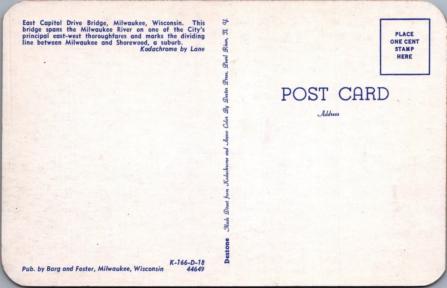 East Capital Drive Bridge, Milwaukee, Wisconsin Postcard ZAYIX 102022PC23