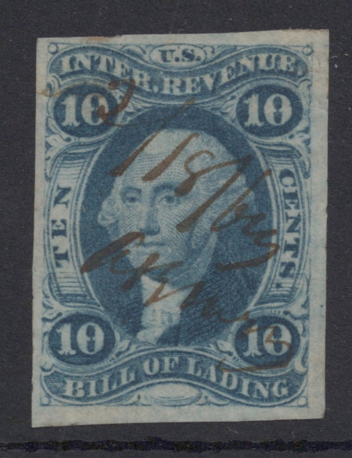 U.S. R32a Bill Of Lading Blue Imperforated 10-Cent Used VF 1862-1871 ZAYIX
