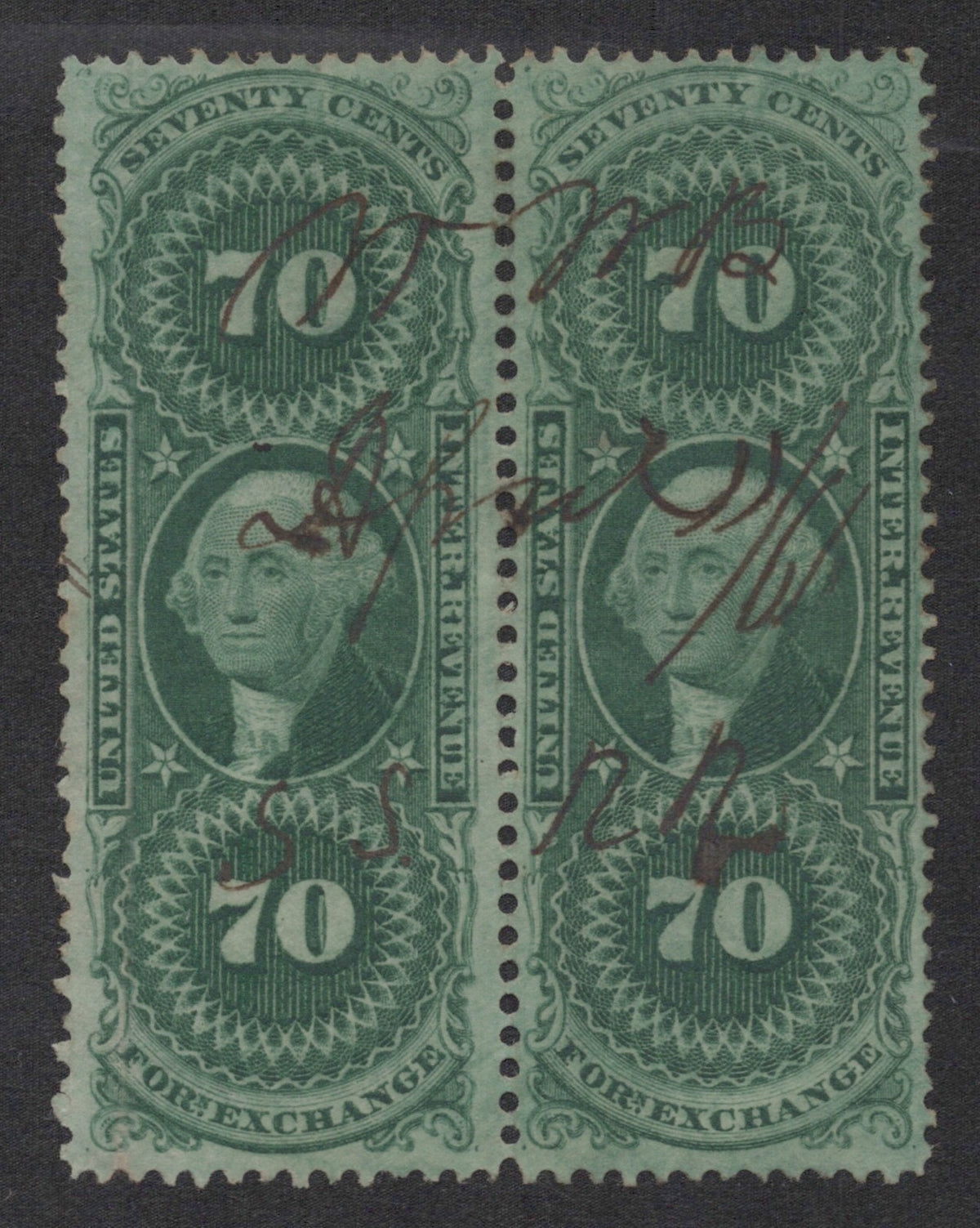 U.S. R65c Foreign Exchange Green Perforated Pair 70-Cent Used 1862-1871 ZAYIX