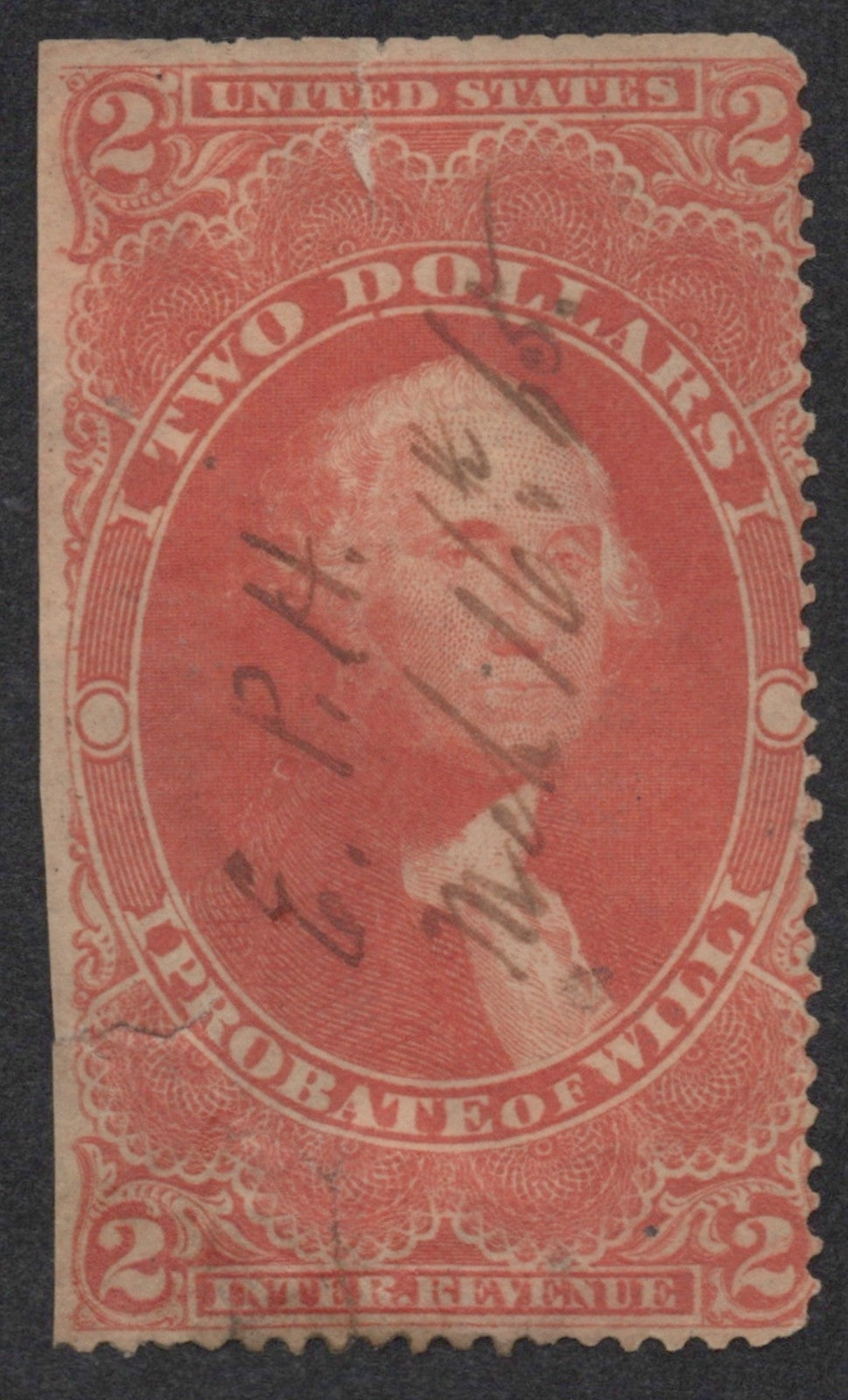 U.S. R83c Probate Of Will Red Perforated $2 Used Fine 1863 ZAYIX