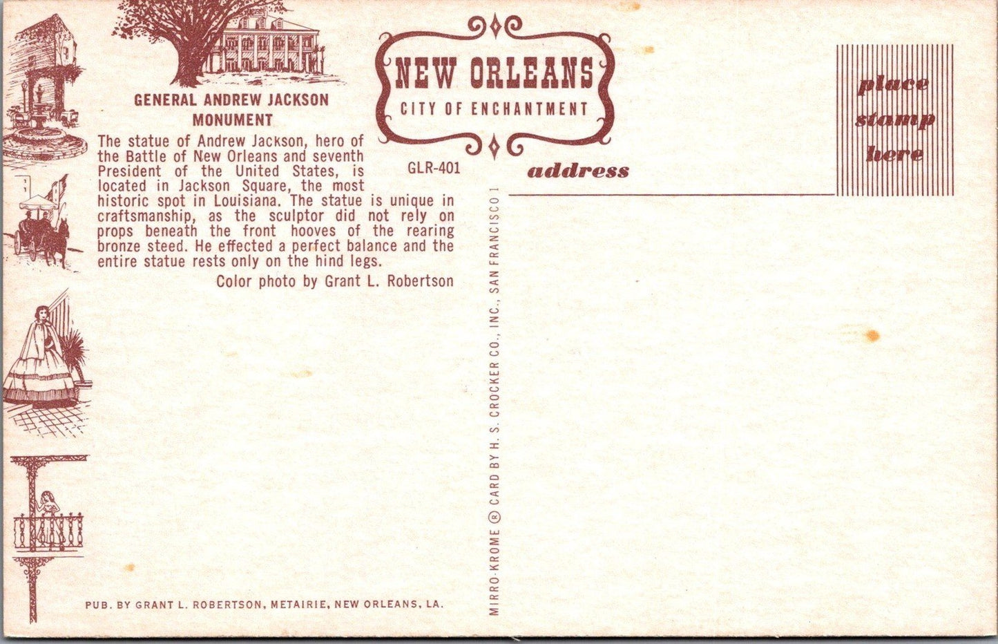 General Andrew Jackson Monument New Orleans Louisiana Postcard ZAYIX 102022PC66