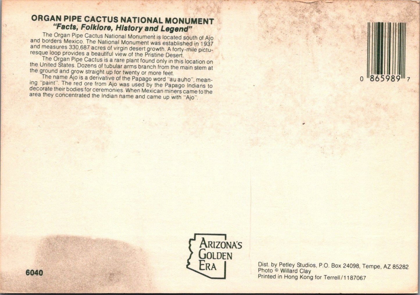 Organ Pipe Cactus National Monument Arizona Postcard ZAYIX 102022PC73