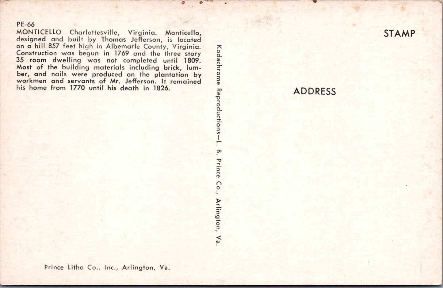ZAYIX Postcard Monticello, Jefferson's Home, Charlottesville, VA 102022-PC59