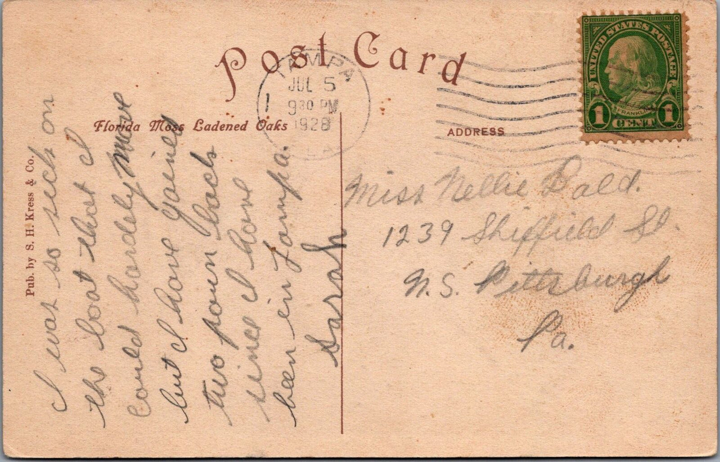 ZAYIX Postcard Florida Moss Laden Oaks 1928 S.H. Kress & Company 090222PC47