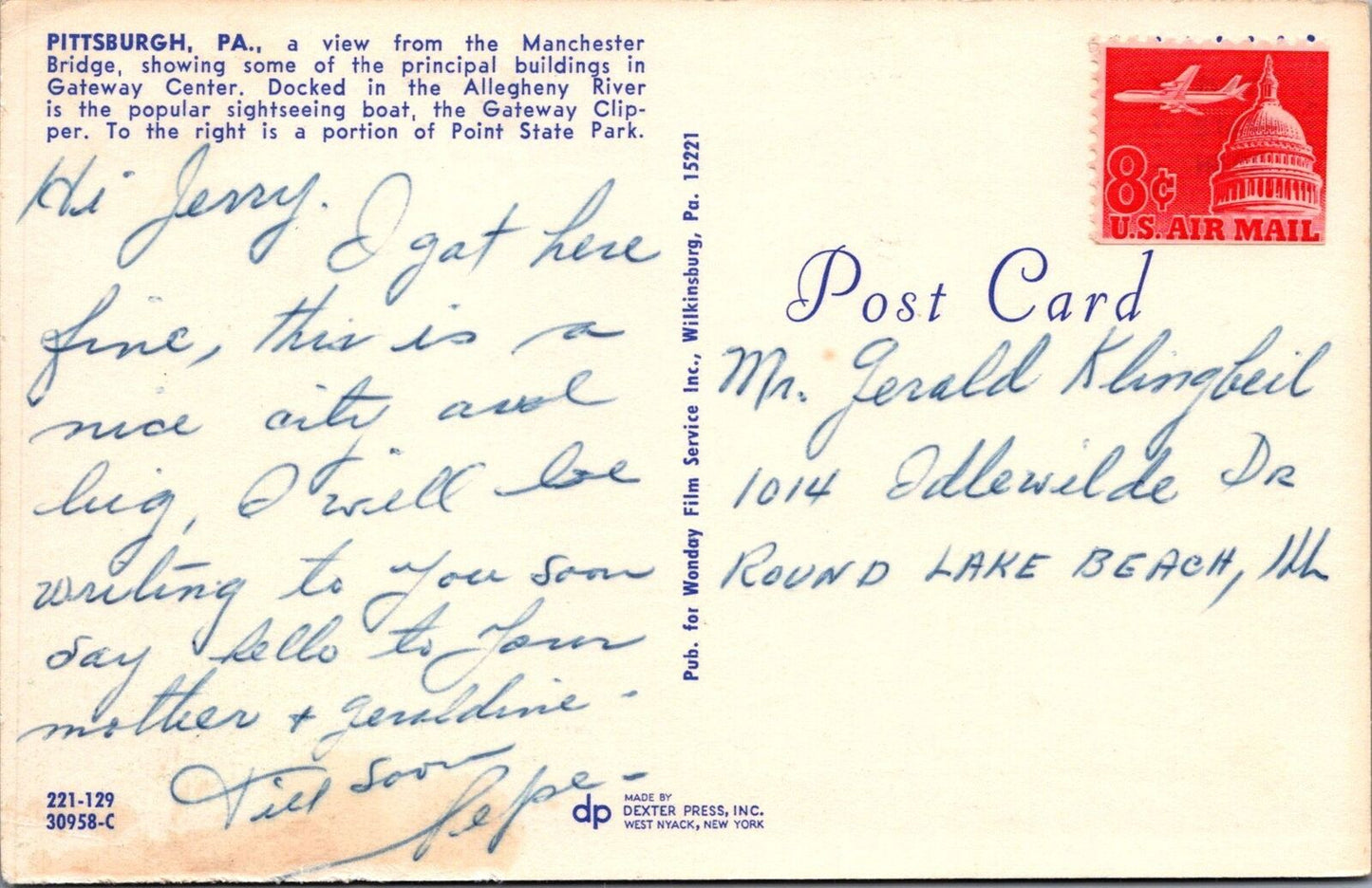 ZAYIX Postcard Pittsburgh PA View from Manchester Bridge Steamboat 102022-PC31