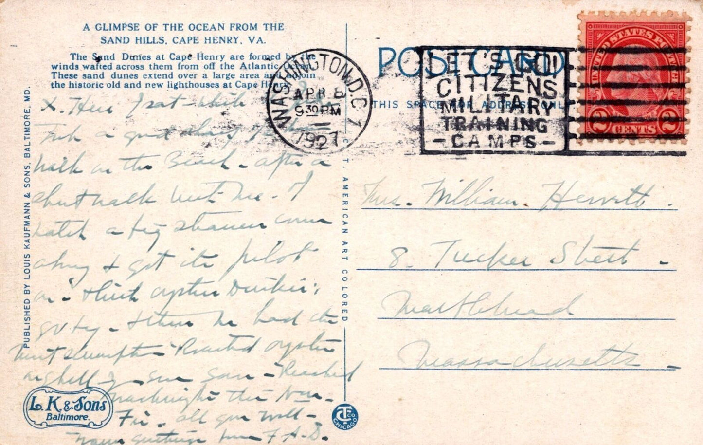 ZAYIX US Postcard Citizen Training Camp slogan Ocean, Cape Henry VA 0324M0356