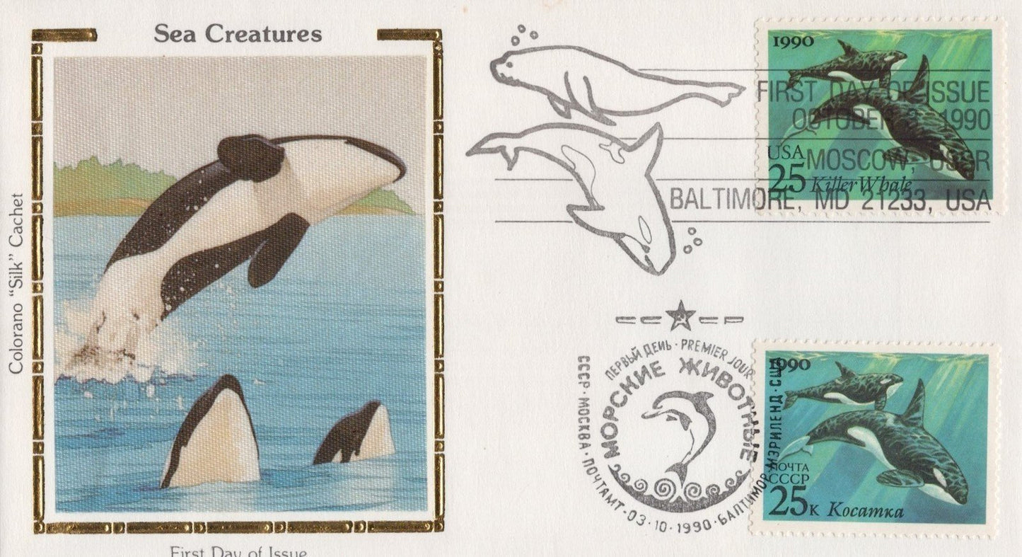 US Colorano 'Silk' FDC 2508-11 Sea Life with Russian Stamps & Dual Cancel