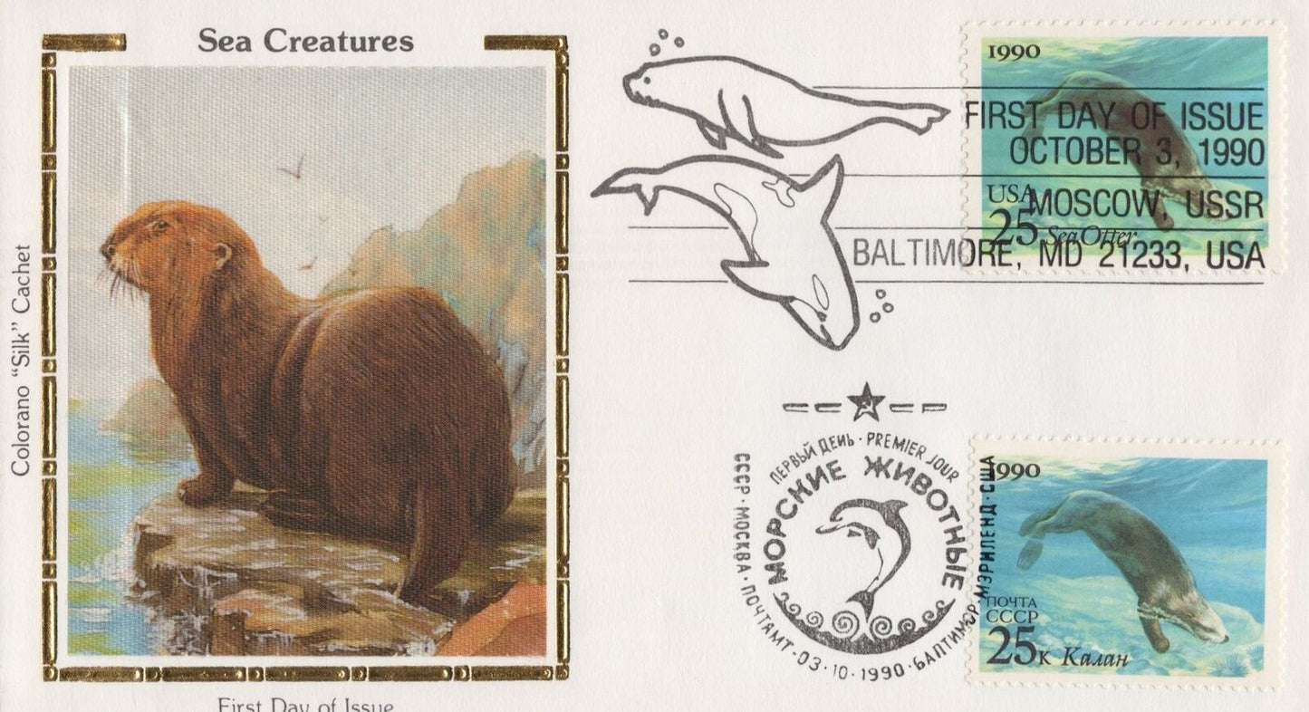 US Colorano 'Silk' FDC 2508-11 Sea Life with Russian Stamps & Dual Cancel