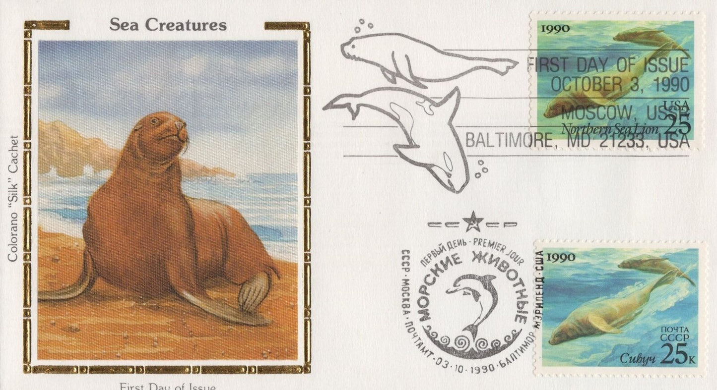 US Colorano 'Silk' FDC 2508-11 Sea Life with Russian Stamps & Dual Cancel