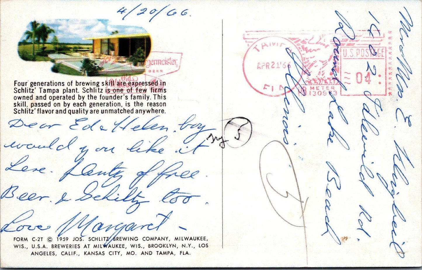 Schlitz Beer Tampa Plant 1966 Postcard ZAYIX 090222PC145