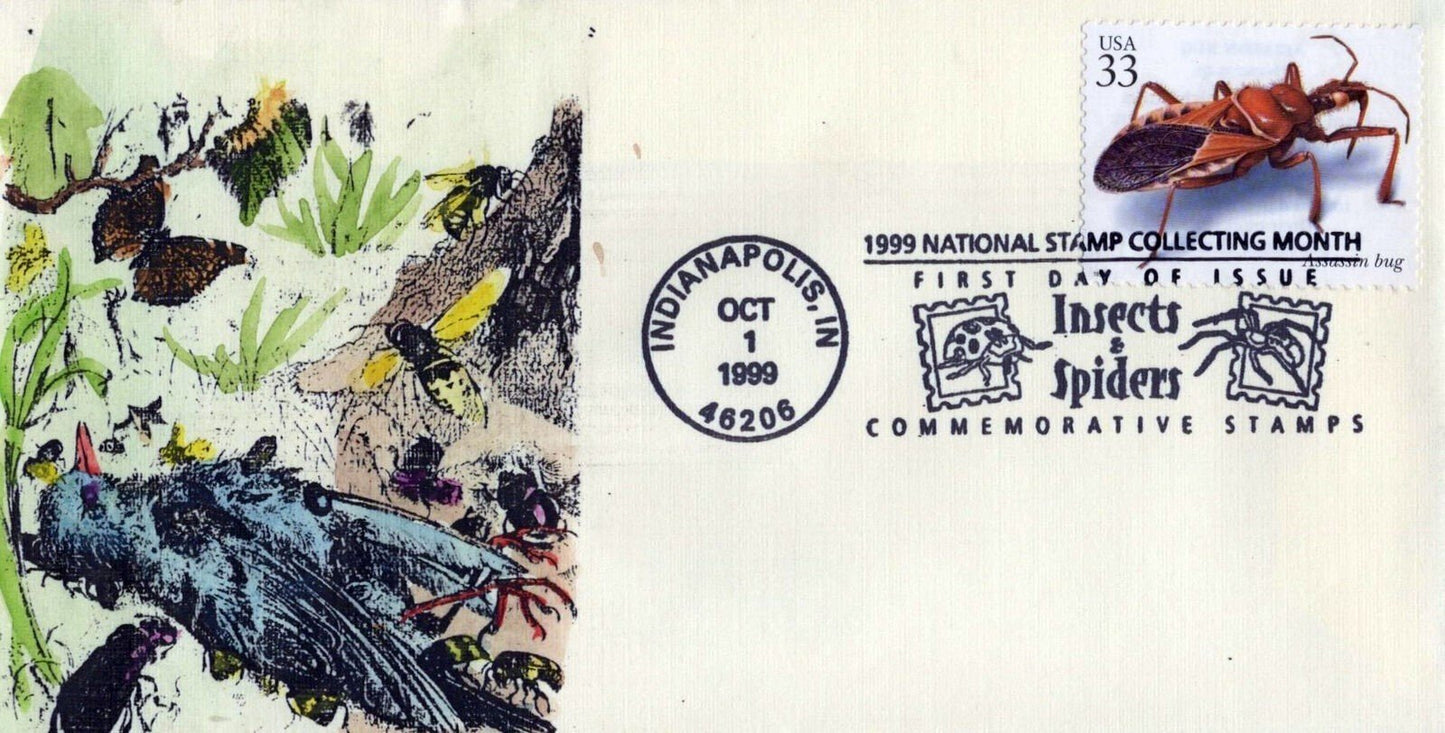 US 3354g FDC Insects Assassin Bug hand-painted SMB Cachets ZAYIX 0124M0262