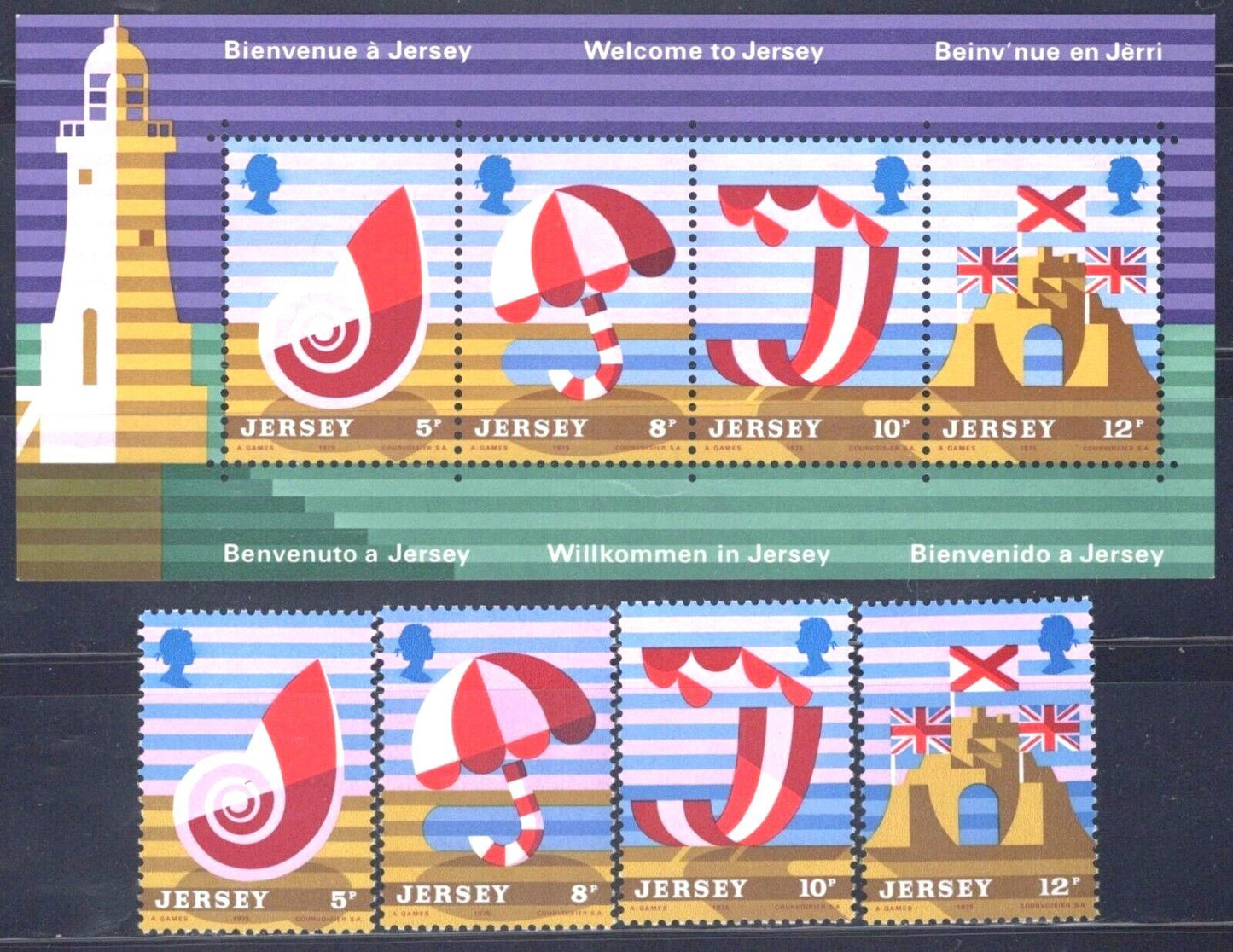 Jersey 124-127, 127a MNH Tourism Shells Beach ZAYIX 020522SM06