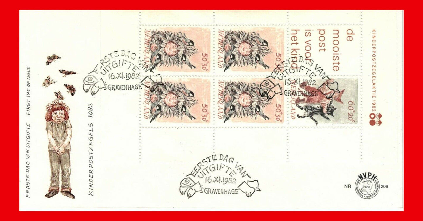 ZAYIX - 1982 Netherlands B582a / Michel Block 24 - FDC - FLOWERS / Birds / cats