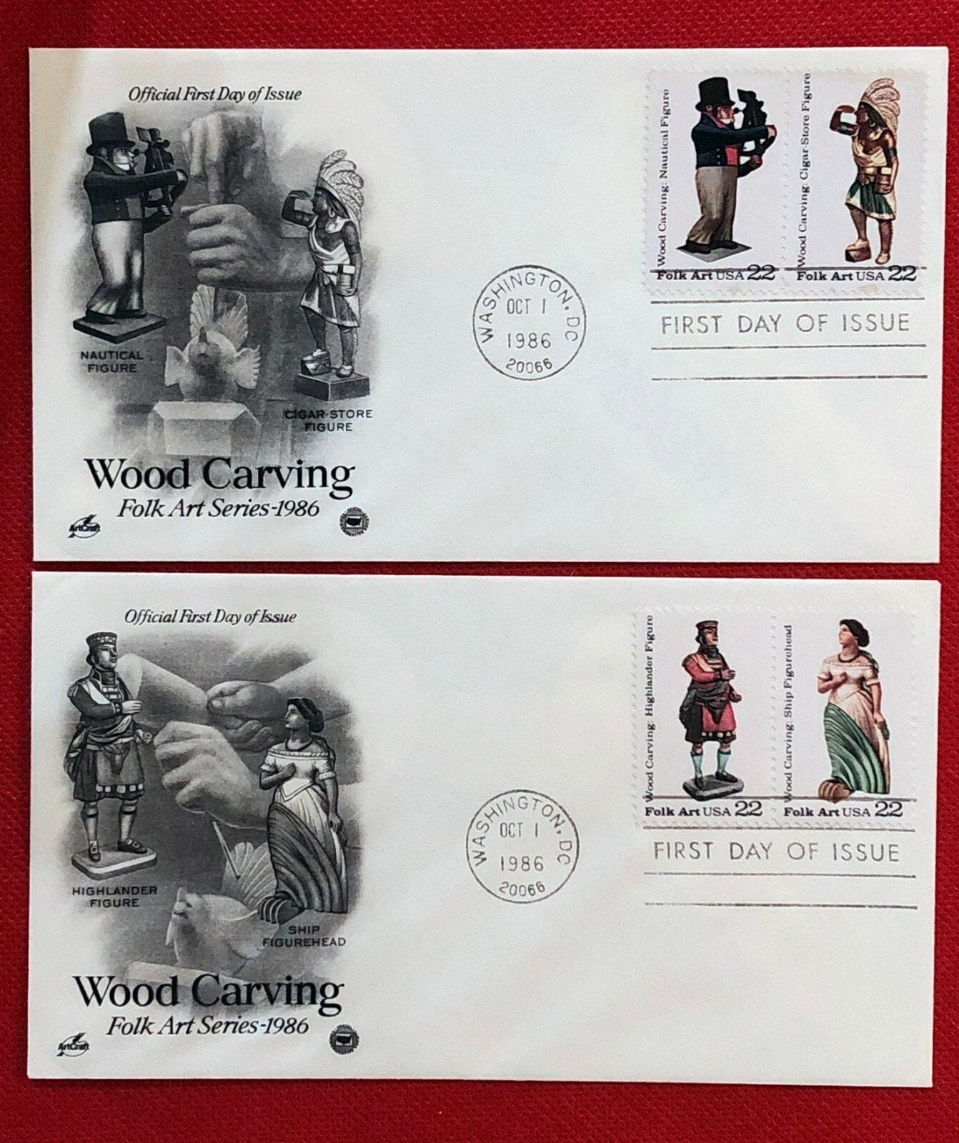 US FDC (2) 1986 Art / Wood Carving ZAYIX 020622SM38