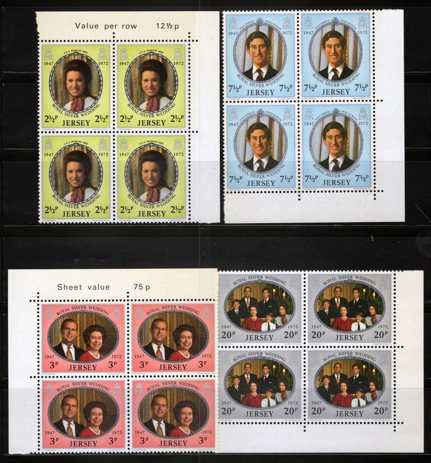 ZAYIX Jersey 73-76 MNH Corner Blocks Royal Silver Wedding 121022SM165