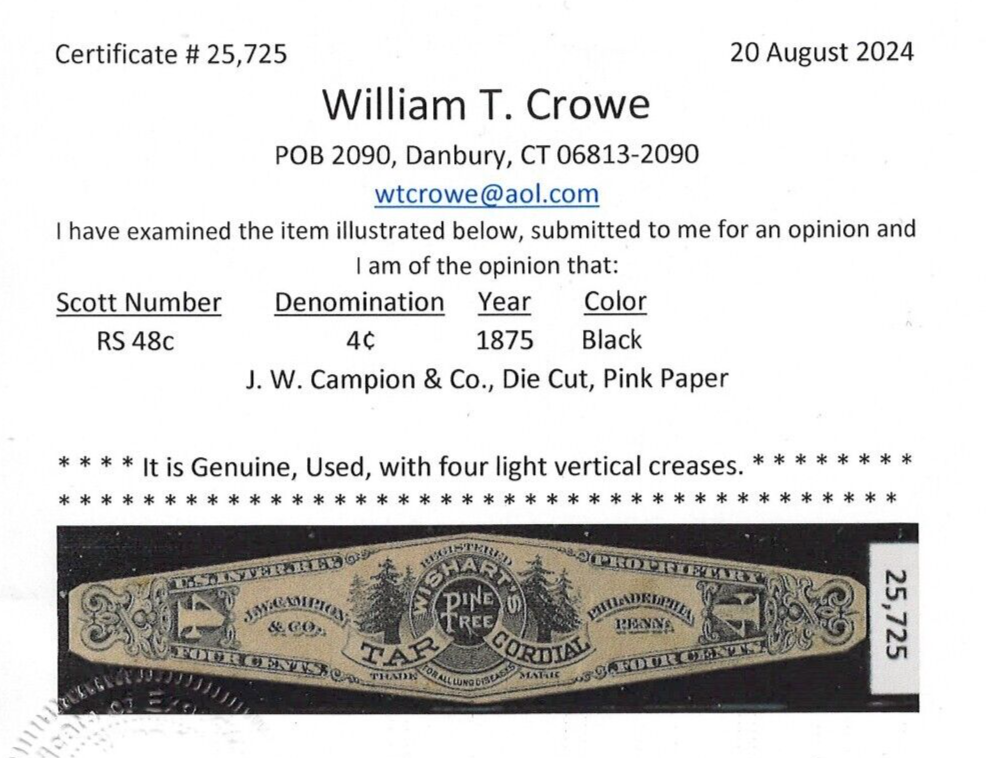 US Revenue Medicine RS48c XF JW Campion & Co, Pink Paper ZAYIX 1224MAR016