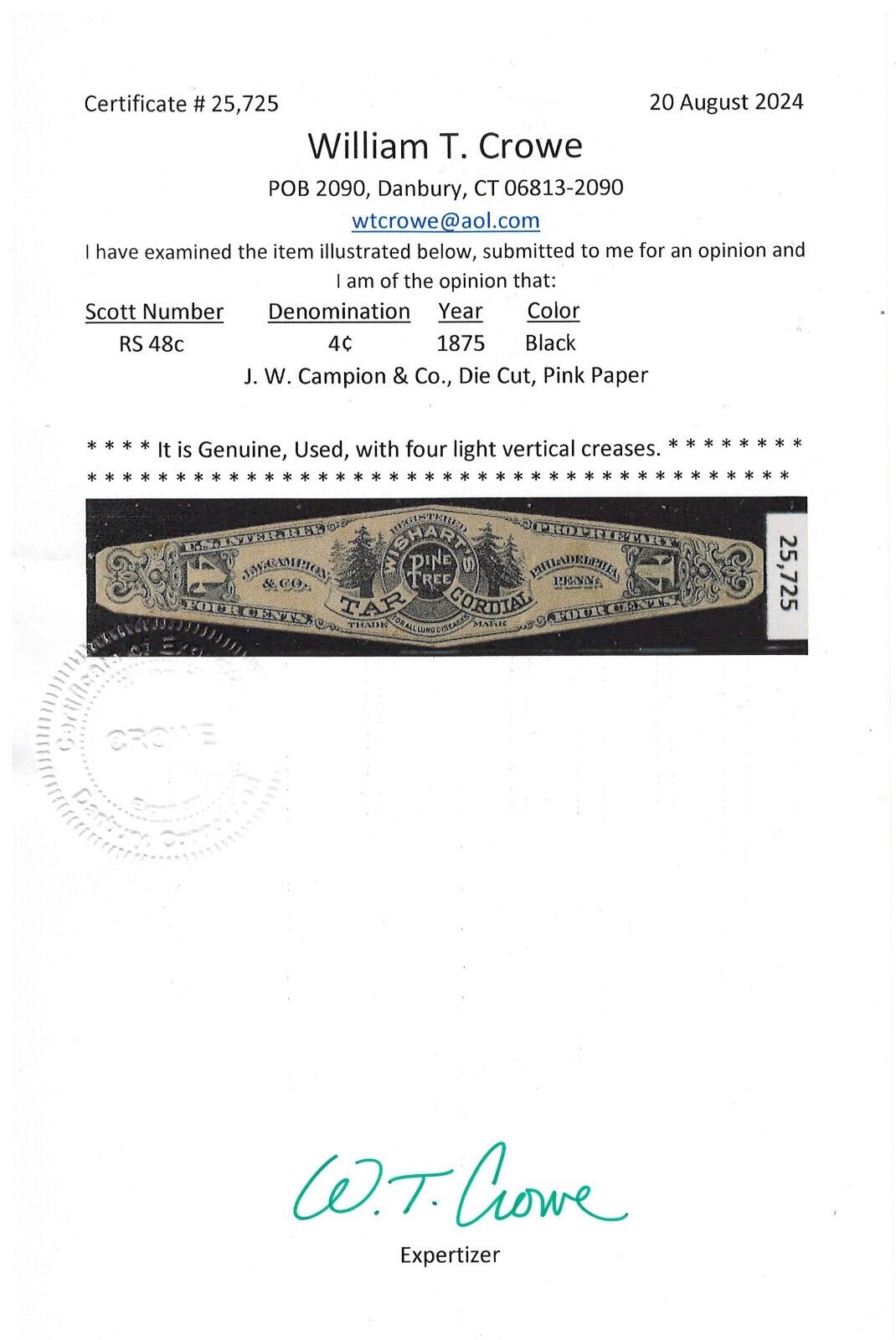US Revenue Medicine RS48c XF JW Campion & Co, Pink Paper ZAYIX 1224MAR016