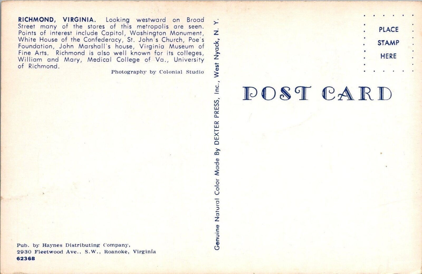 Richmond Virginia Looking Westward on Broad Street Postcard ZAYIX 090222PC70