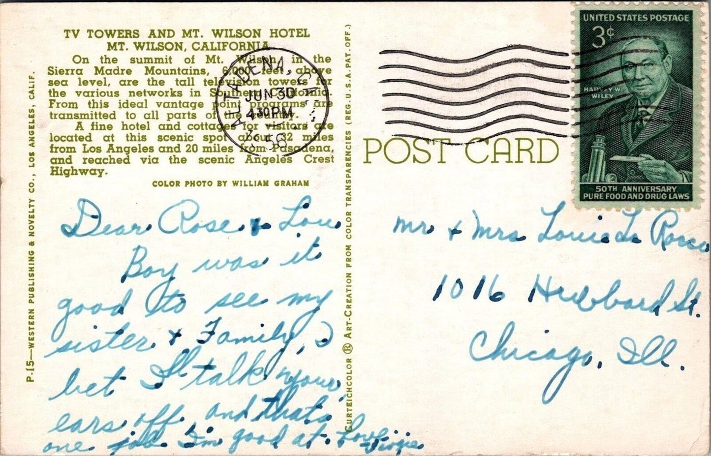 TV Towers & Mt. Wilson Hotel California Mountains Postcard ZAYIX 090222PC133