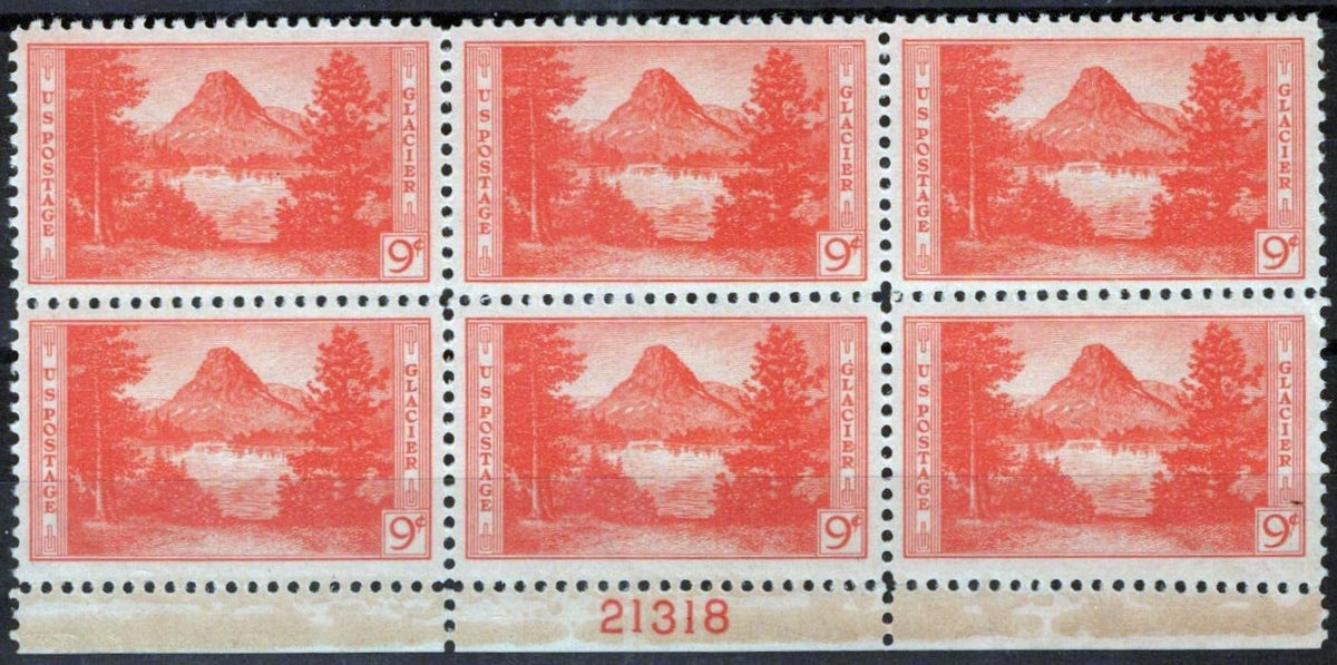 US 748 MH (toning on selvage) Plate Block #21318 Glacier NP ZAYIX