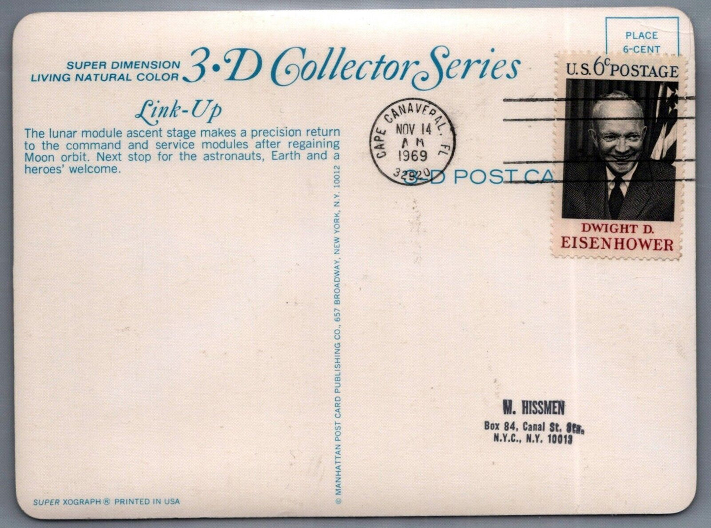 Postcards 3-Dimensional Space Astronauts Cape Canaveral Cancel ZAYIX 0624M0085