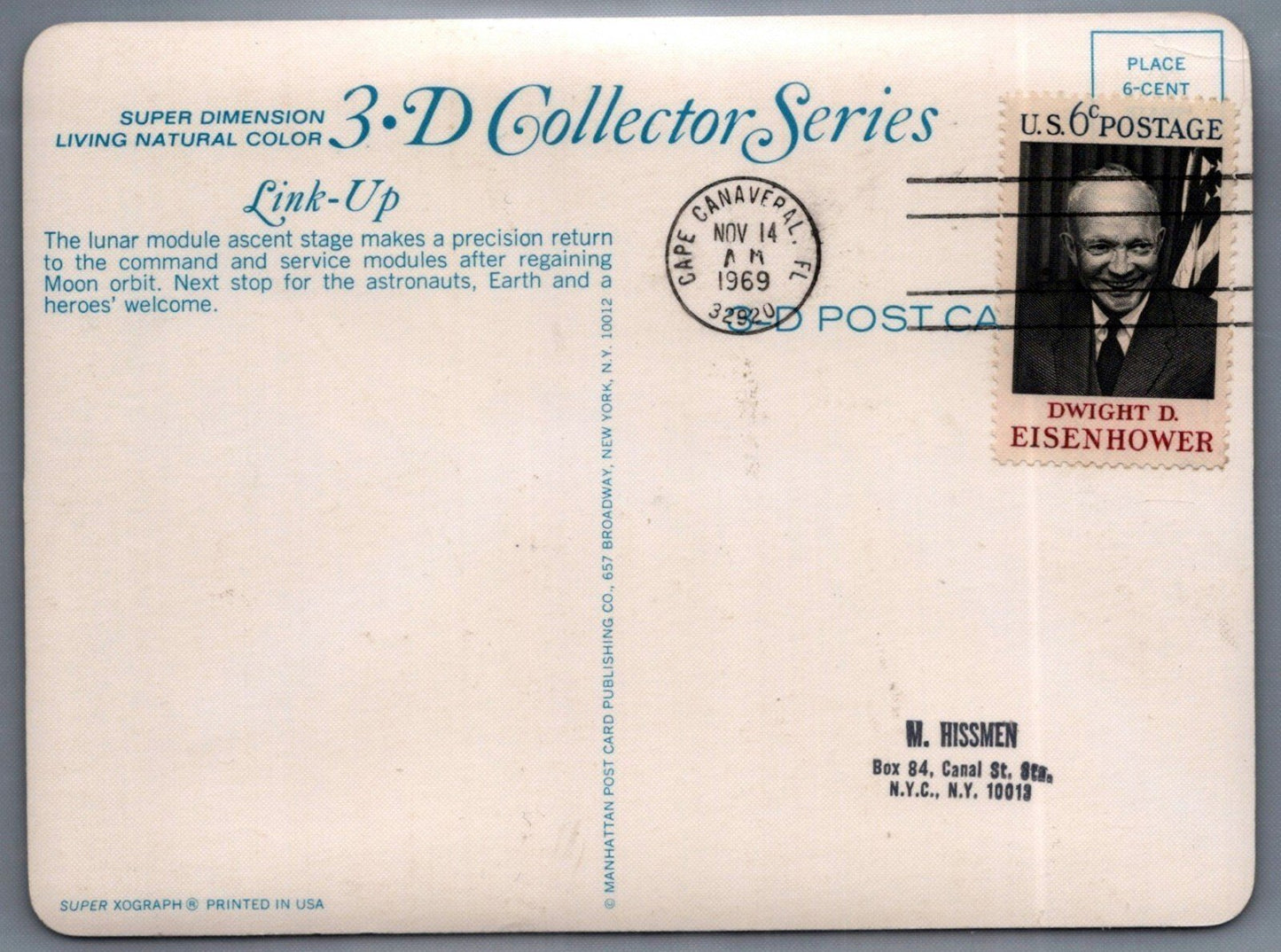 3-Dimensional Space Astronauts Postcards, Cape Canaveral Cancel ZAYIX 0624M0085