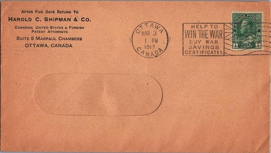 Canada Slogan Cover 1917 HELP TO WIN THE WAR - Patent Attorney XF ZAYIX 053122SM04