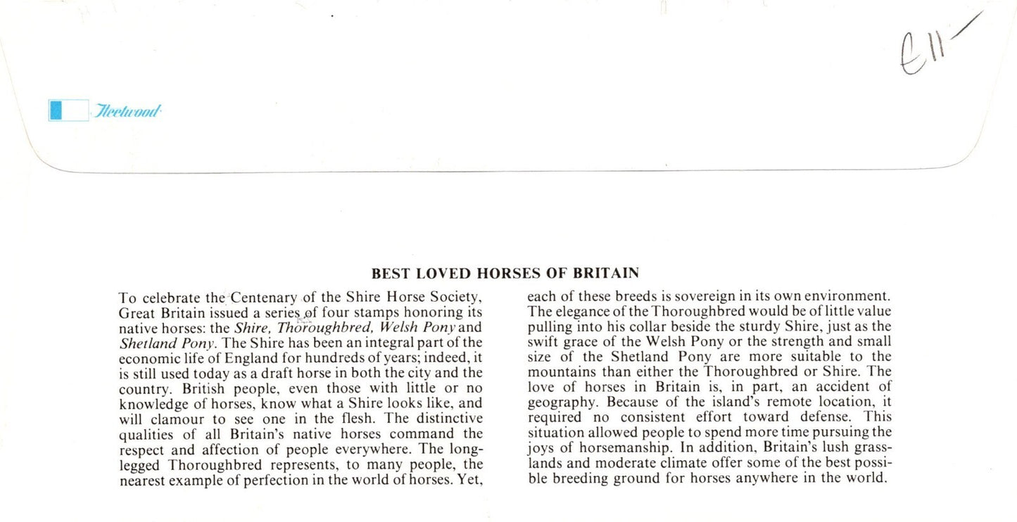 Great Britain Fleetwood FDC Best Loved Horses Zayix Stamps ZAYIX 0125M0405M