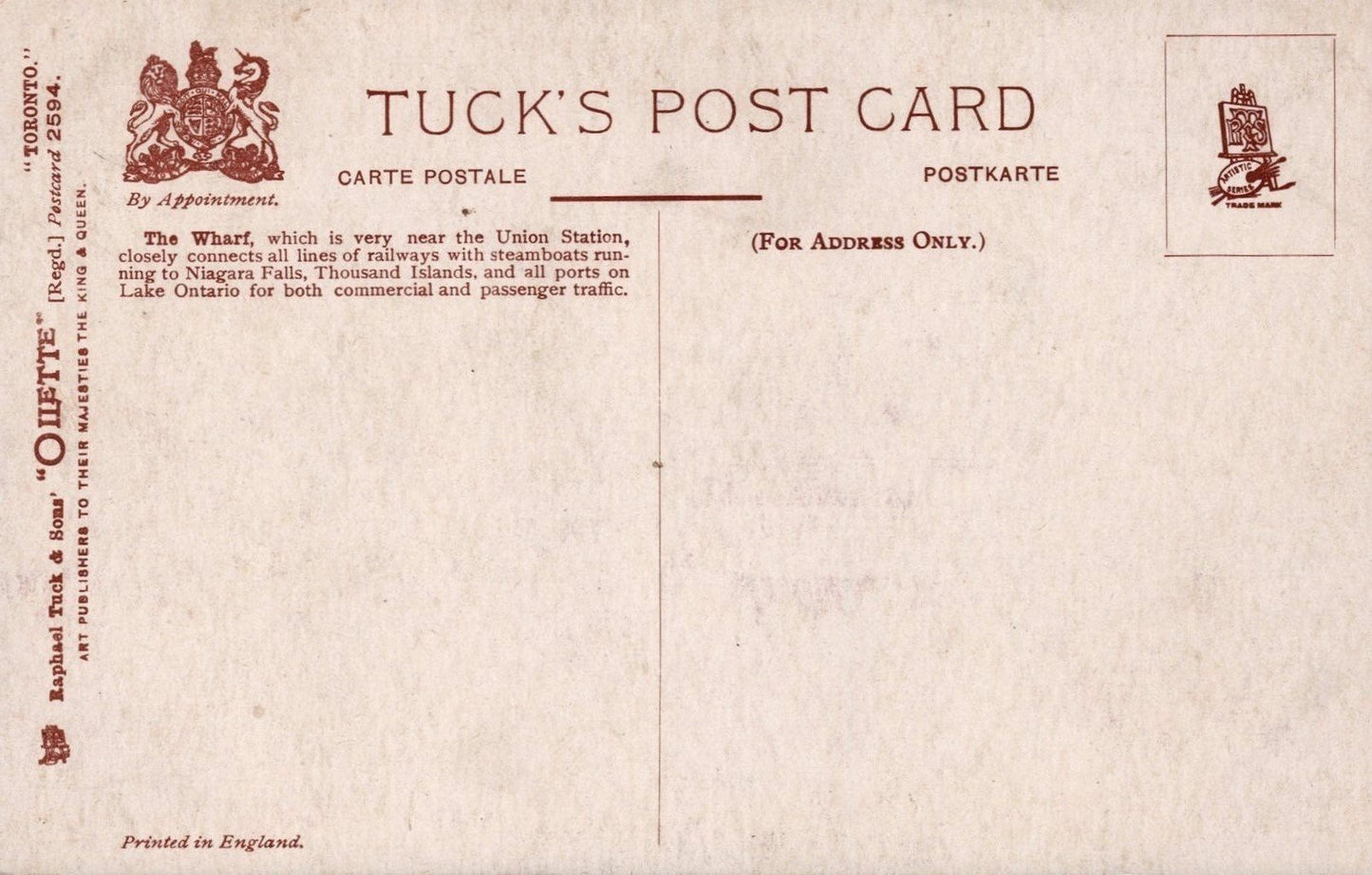 Great Lakes Toronto Wharf Rafael Tuck Oilette series Divided Back Postcard ZAYIX