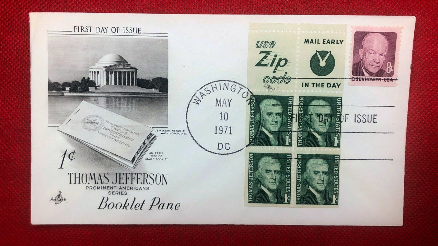 1971 Art Craft FDC US 1278b Booklet Pane Thomas Jefferson ZAYIX 010522SM141