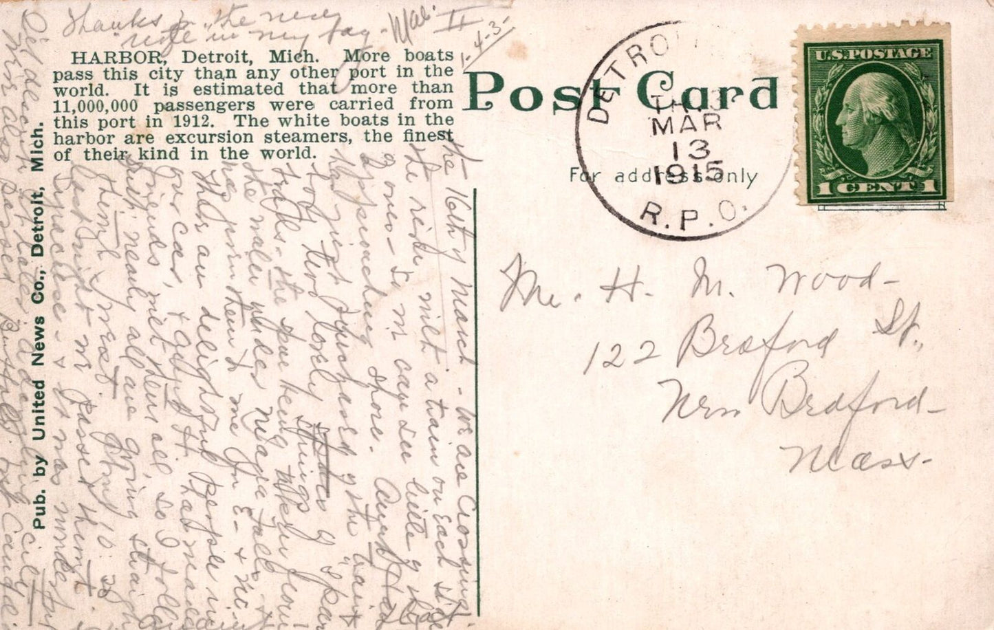 ZAYIX Postcard Great Lakes Ship Harbor Detroit Michigan 1912 Divided Back