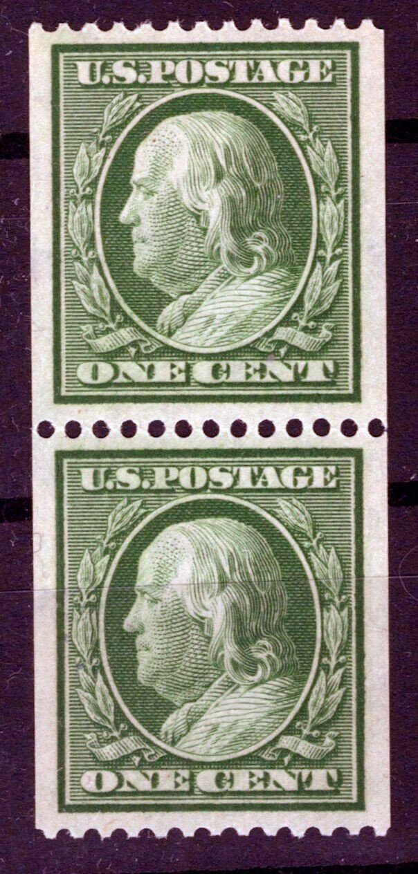 US 348 MNH XF 1c green Franklin coil pair stamps perf 12 horiz ZAYIX 0424MAR0022