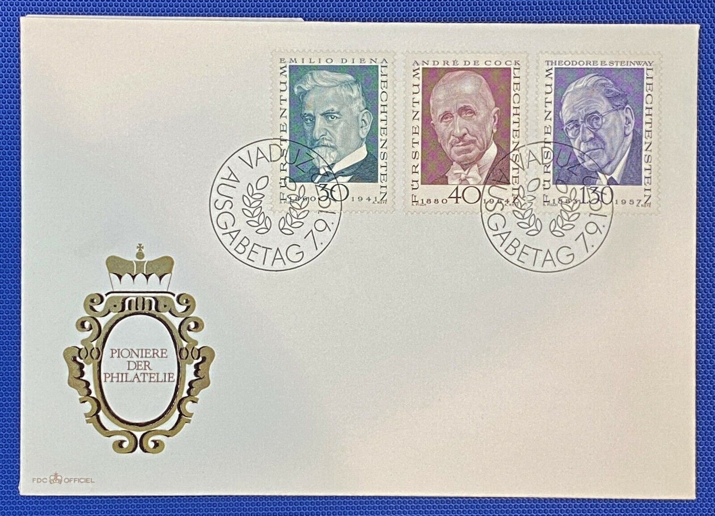 ZAYIX Liechtenstein Mi 570-2 / Sc 509-11 FDC Pioneers of Philately 011022-SM41