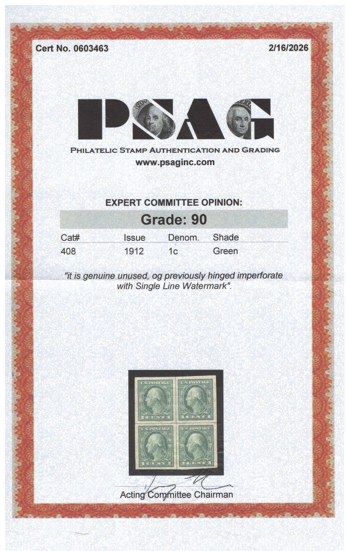 US 408 MLH XF Grade 90 PSAG 1912 Imperf Center Line Block 1c Green, SL Wmk ZAYIX