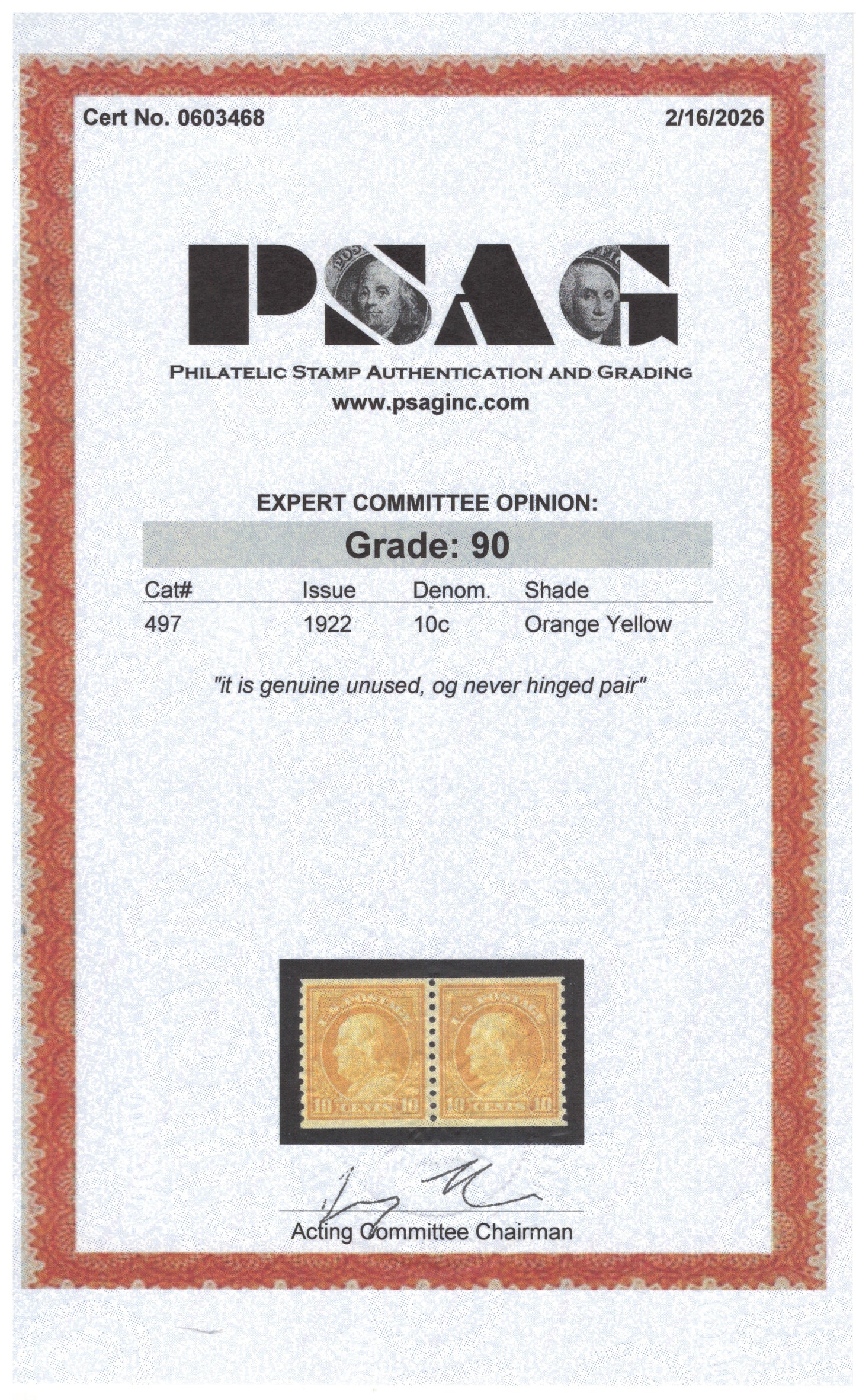 US 497 MNH XF Grade 90 PSAG 10c org yel Franklin Rotary perf 10 coil pair ZAYIX
