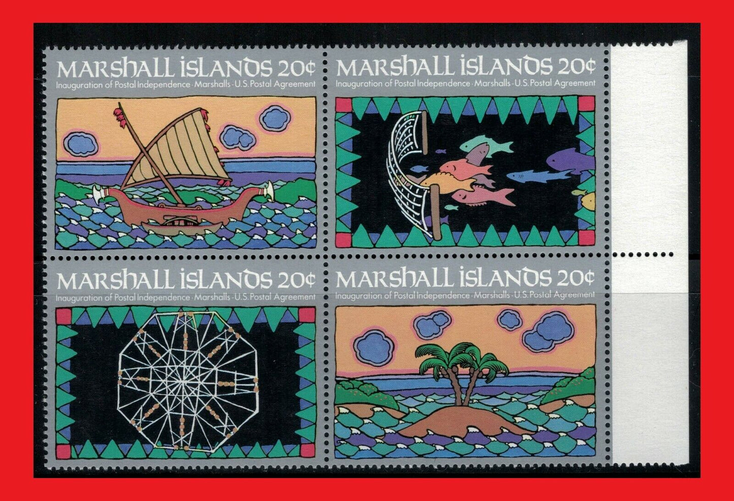 1984 Marshall Islands 34a MNH Outrigger Canoe / Fishing / Fish block