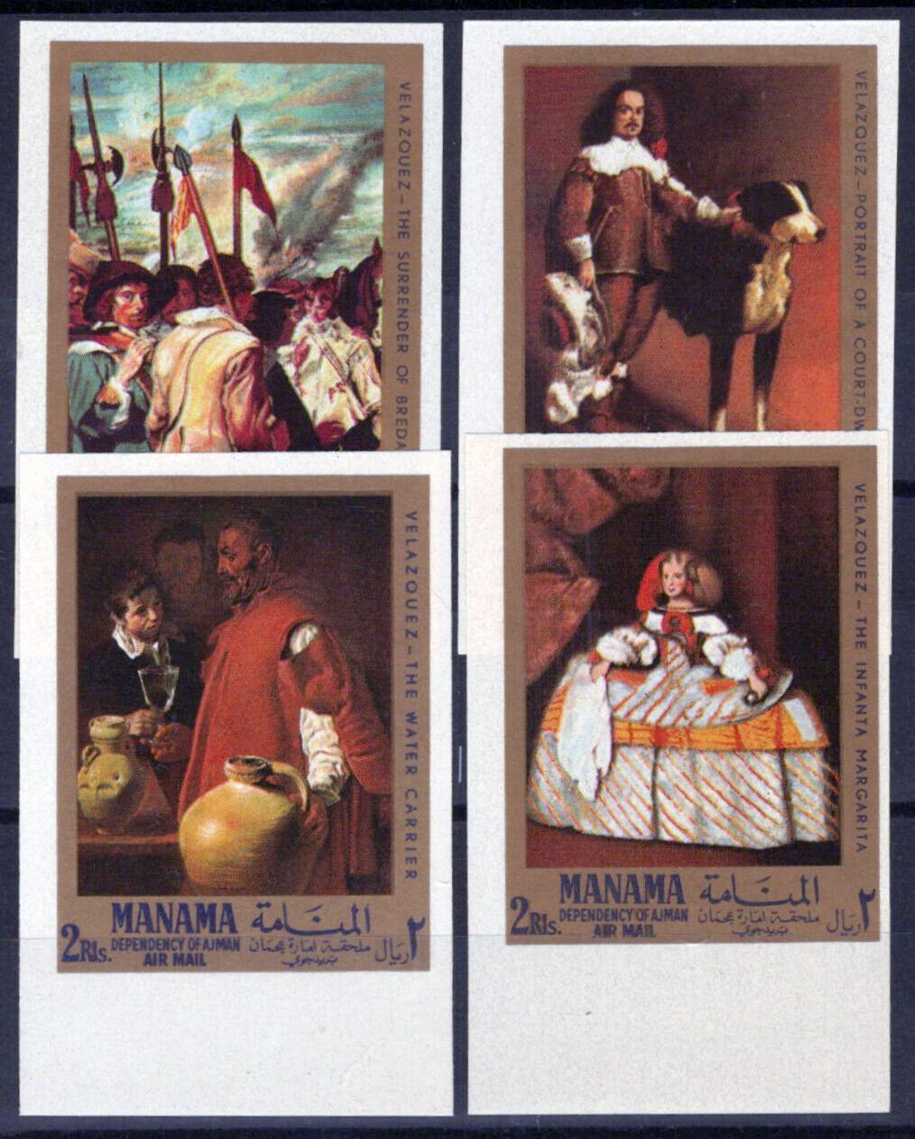 ZAYIX Ajman Manama 65 B-68 B MNH Imperf Paintings Velazquez Dogs 041623S57