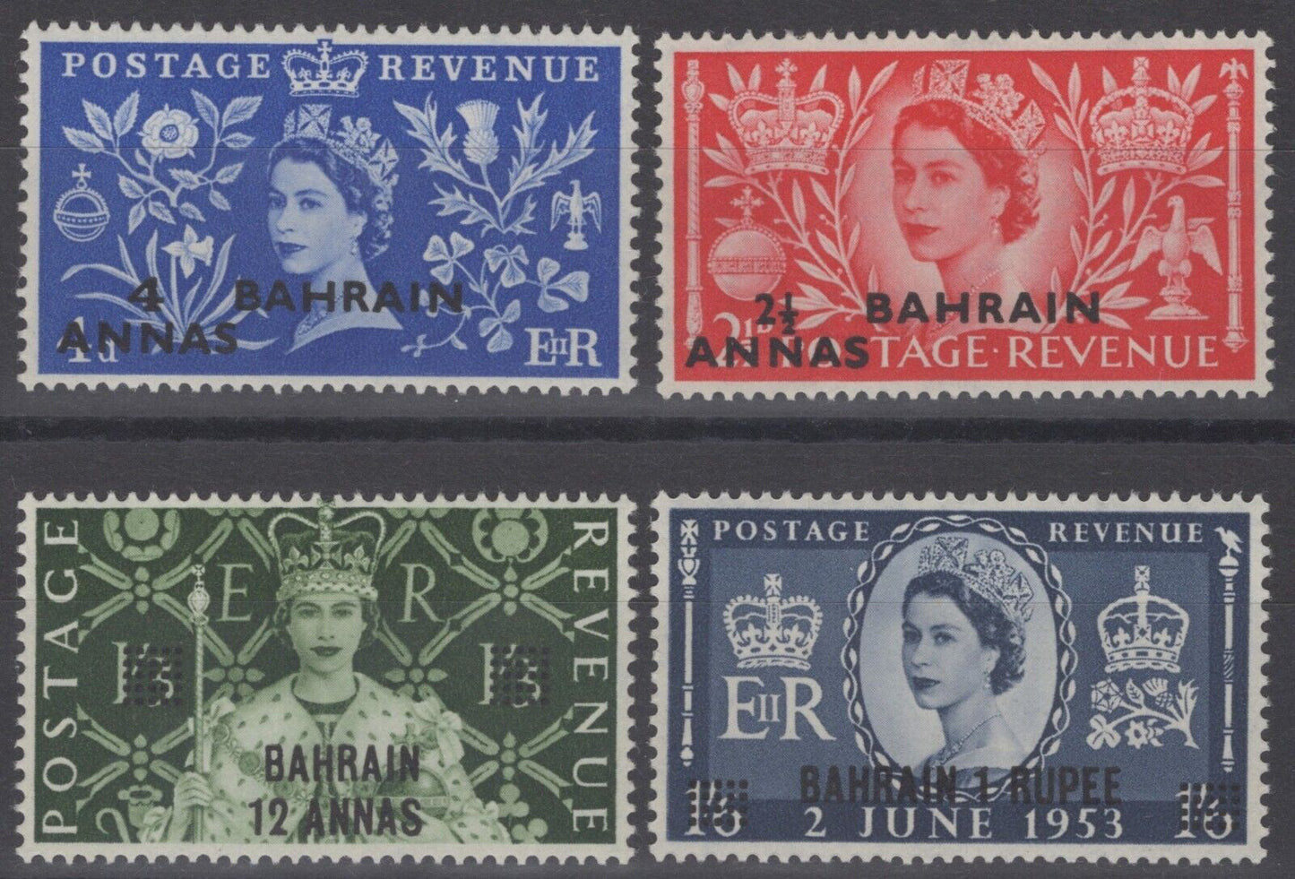 Bahrain 92-95 MNH overprints on GreatBritain QE2 Coronation