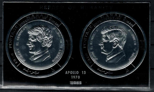 ZAYIX Manama Block 84 MNH Silver Foil Coin Ovpt Kennedy Apollo XIII 080323SM37