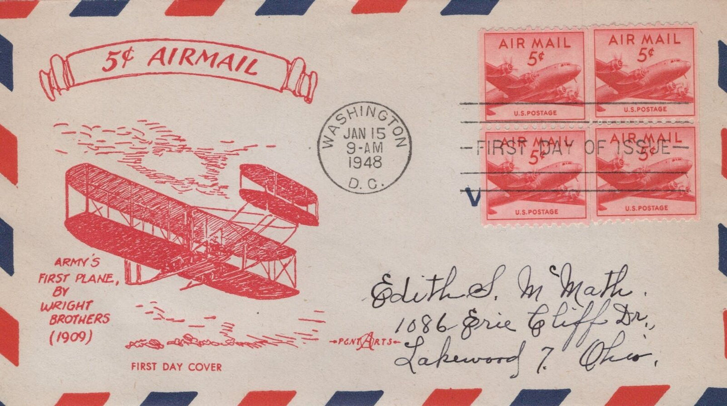US C37 Pent Arts cachet FDC Wright biplane 2 coil 5c pairs 016