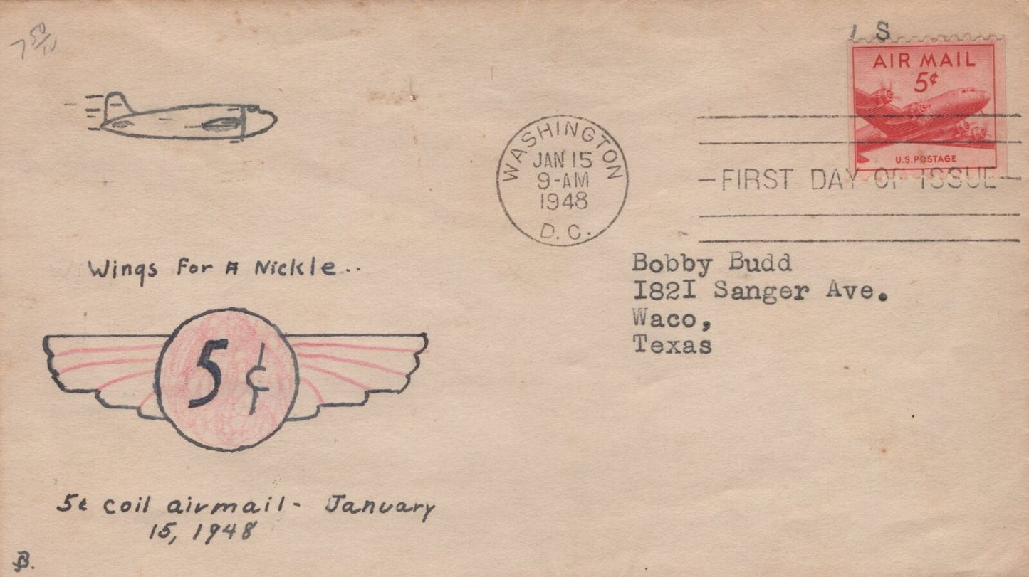 US C37 handdrawn unknown cachet maker FDC Wings for a nickle 008